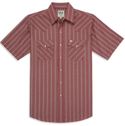Men's Ely Cattleman Short Sleeve Americana Dobby Stripe Western Snap Shirt- Blue & Red