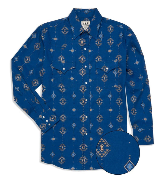 Ely Cattleman Mens Long Sleeve Southwestern Print Western Snap Shirt - Navy & Tan - Ely Cattleman