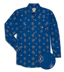 Ely Cattleman Mens Long Sleeve Southwestern Print Western Snap Shirt - Navy & Tan
