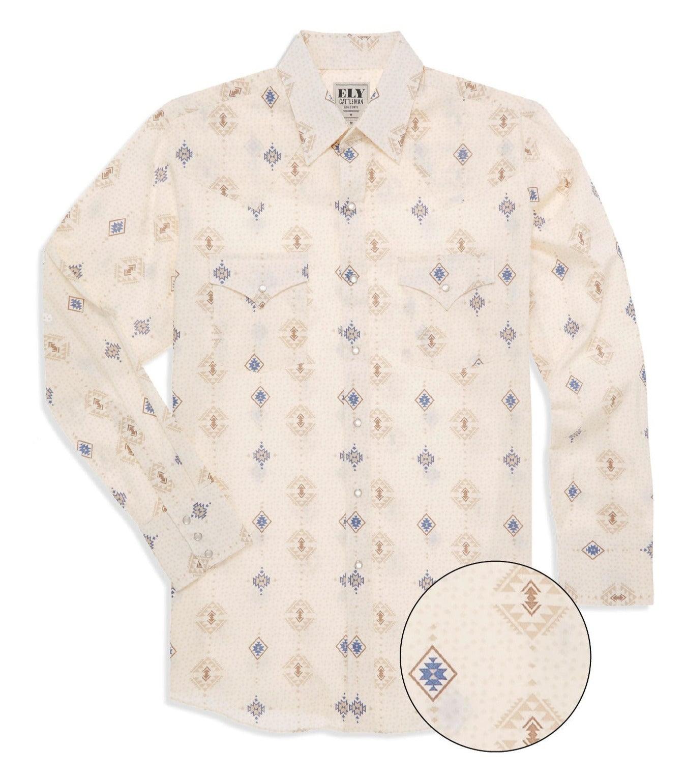 Ely Cattleman Mens Long Sleeve Southwestern Print Western Snap Shirt - Navy & Tan