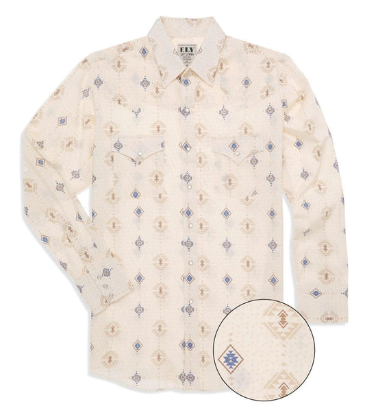 Ely Cattleman Mens Long Sleeve Southwestern Print Western Snap Shirt - Navy & Tan - Ely Cattleman