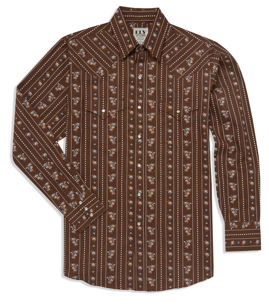 Men's Ely Cattleman Long Sleeve Floral Stripe Print Western Snap Shirt - Brown & White