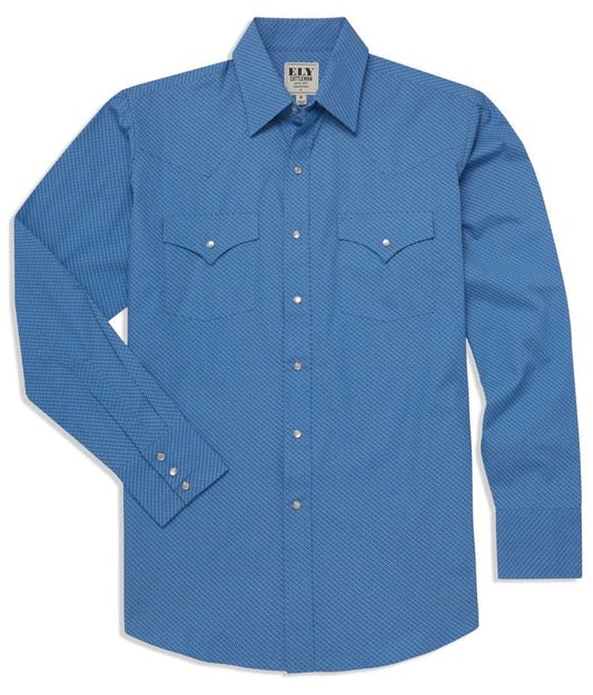 Men's Ely Cattleman Long Sleeve Geo Print Western Snap Shirt- Blue & White - Ely Cattleman