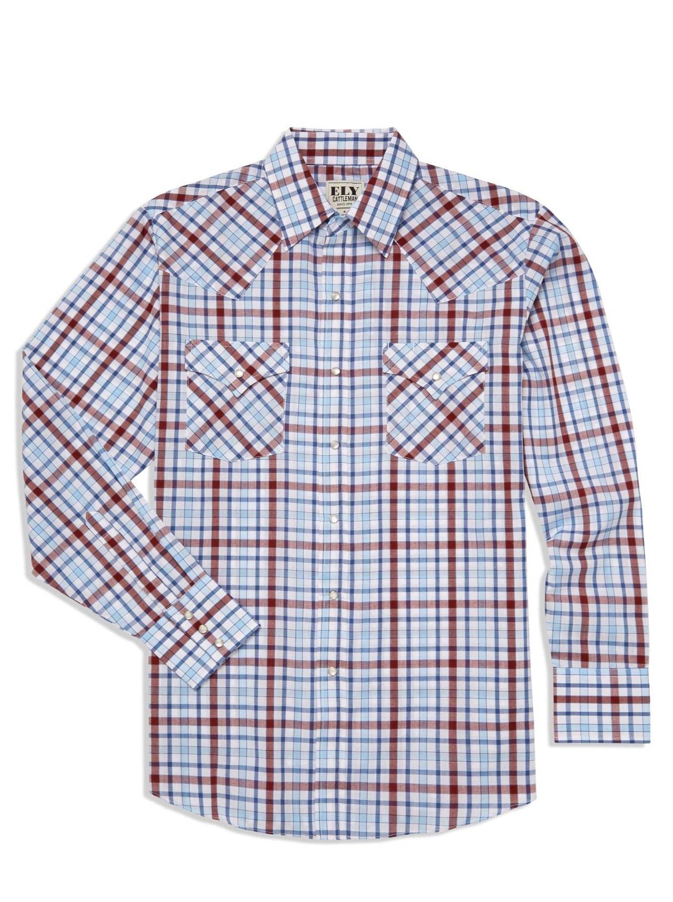 Men's Ely Cattleman Long Sleeve Heritage Plaid Western Snap Shirt- Blue & White - Ely Cattleman - Flyclothing LLC