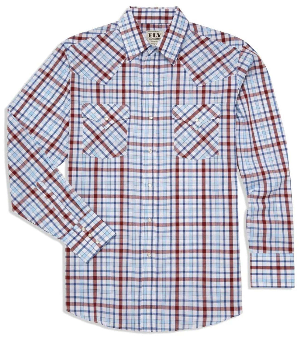 Men's Ely Cattleman Long Sleeve Heritage Plaid Western Snap Shirt- Blue & White - Ely Cattleman - Flyclothing LLC