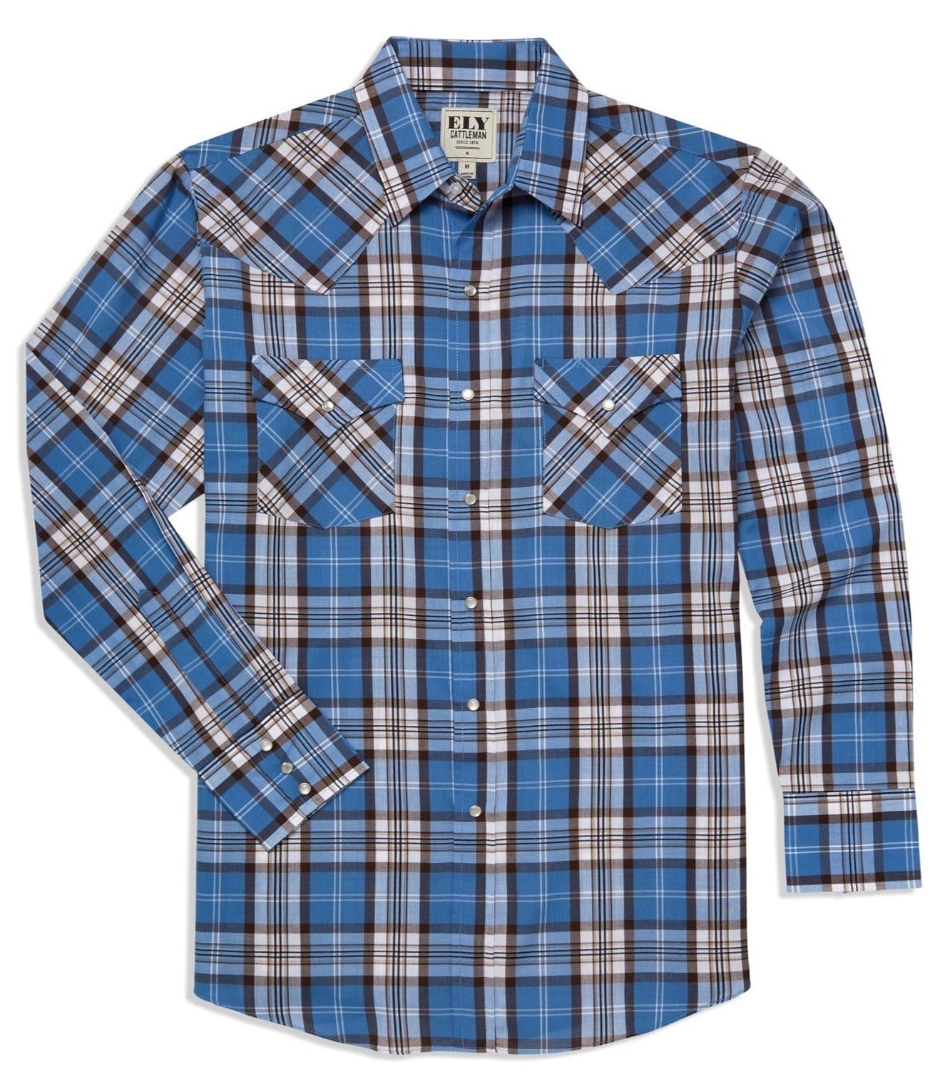 Men's Ely Cattleman Long Sleeve Textured Plaid Western Snap Shirt- Blue & Brown - Ely Cattleman