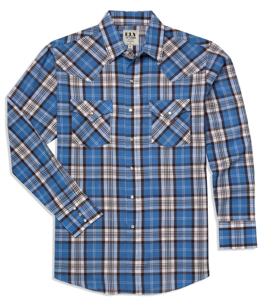 Men's Ely Cattleman Long Sleeve Textured Plaid Western Snap Shirt- Blue & Brown - Ely Cattleman