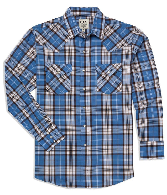 Men's Ely Cattleman Long Sleeve Textured Plaid Western Snap Shirt- Blue & Brown - Ely Cattleman