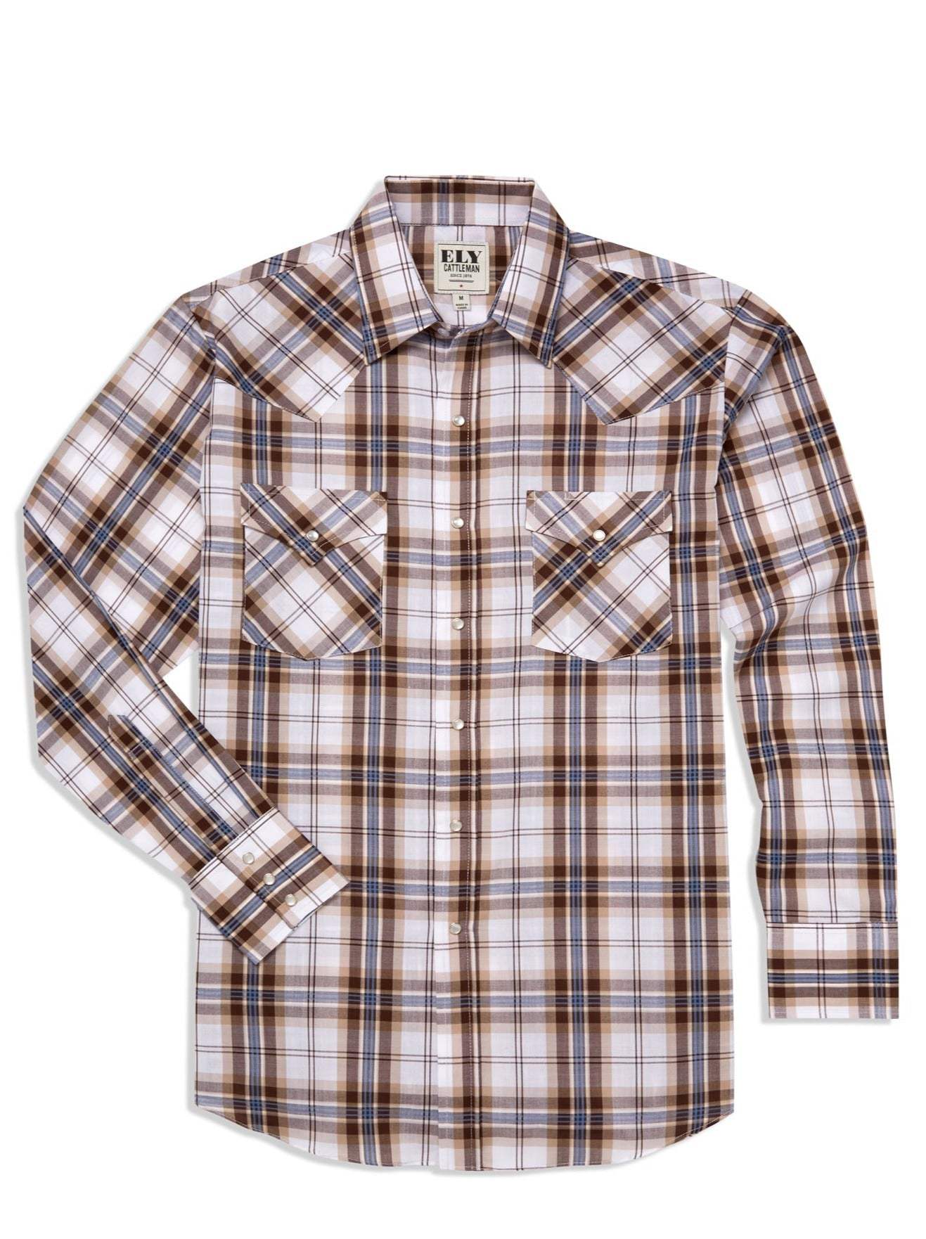 Men's Ely Cattleman Long Sleeve Textured Plaid Western Snap Shirt- Blue & Brown - Ely Cattleman - Flyclothing LLC
