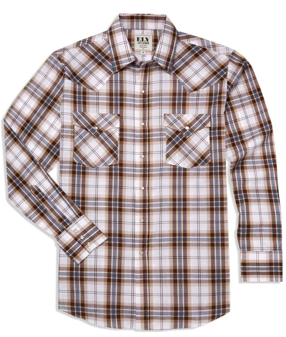 Men's Ely Cattleman Long Sleeve Textured Plaid Western Snap Shirt- Blue & Brown - Ely Cattleman - Flyclothing LLC