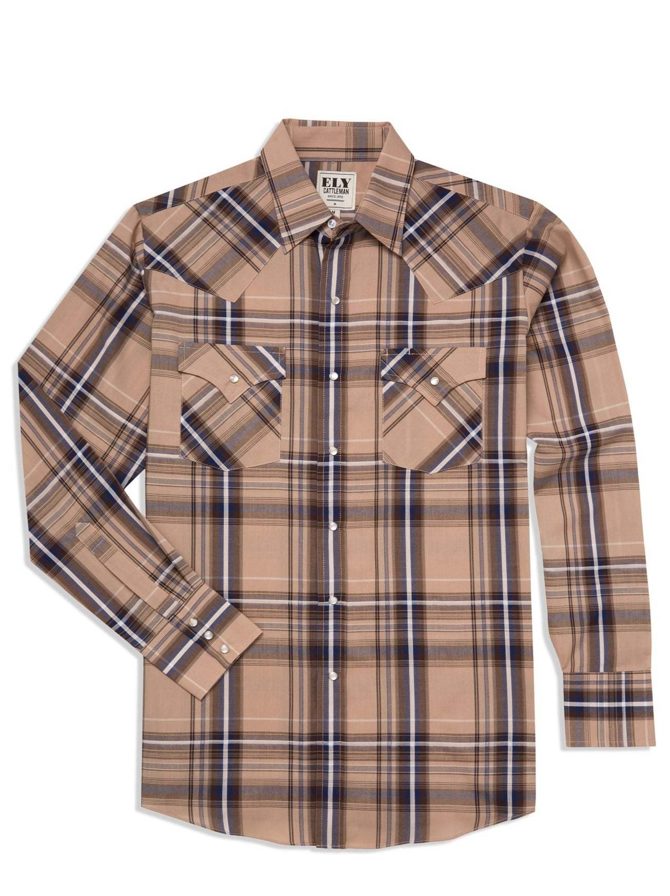 Men's Ely Cattleman Long Sleeve Textured Plaid Western Snap Shirt - Khaki & White - Ely Cattleman - Flyclothing LLC