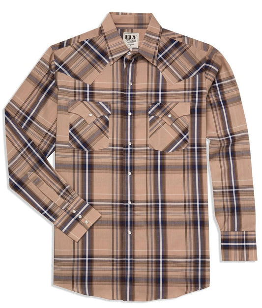 Men's Ely Cattleman Long Sleeve Textured Plaid Western Snap Shirt - Khaki & White - Ely Cattleman
