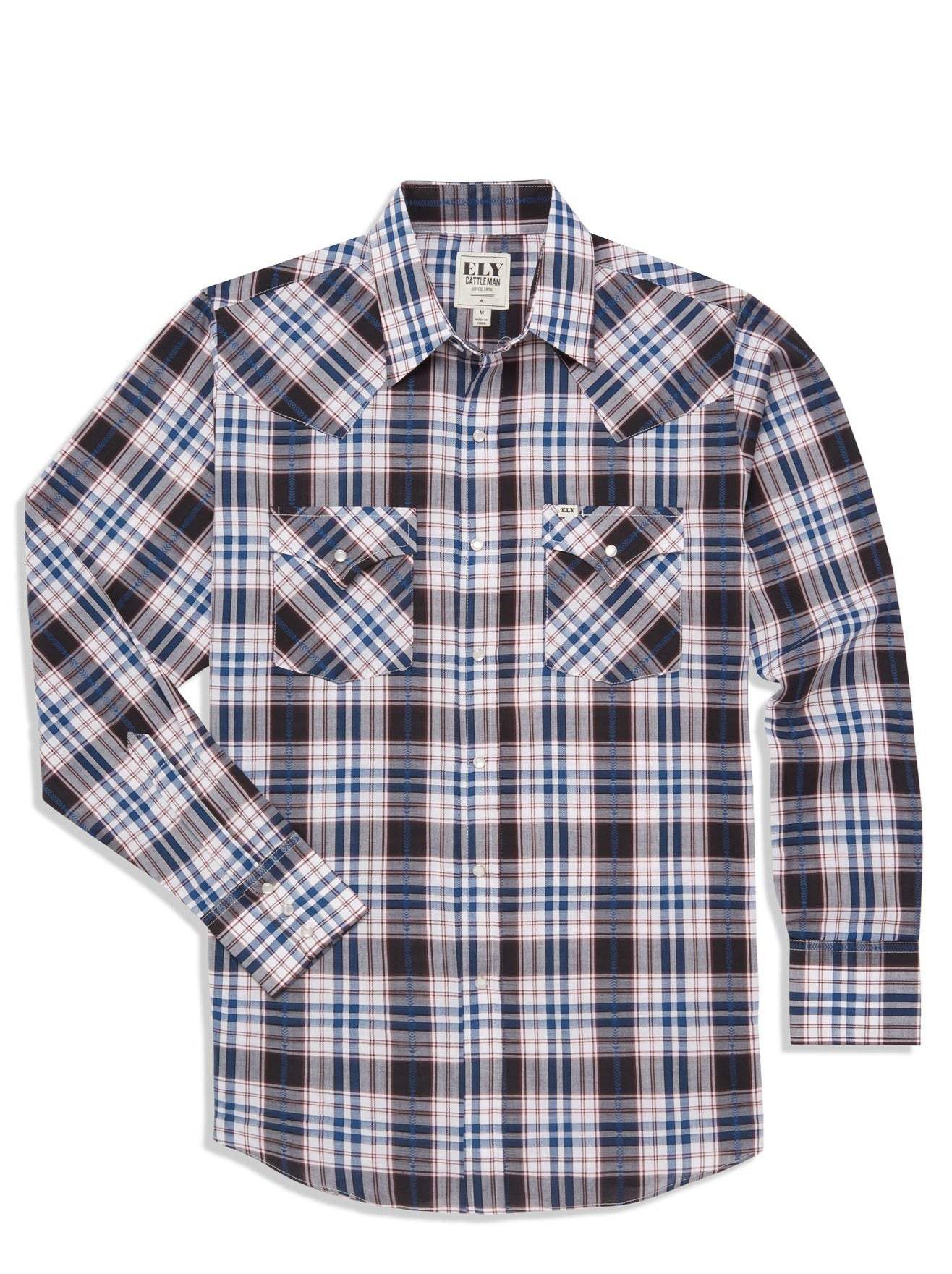 Men's Ely Cattleman Long Sleeve Textured Aztec Plaid Western Snap Shirt-Black & Hunter Green - Ely Cattleman - Flyclothing LLC