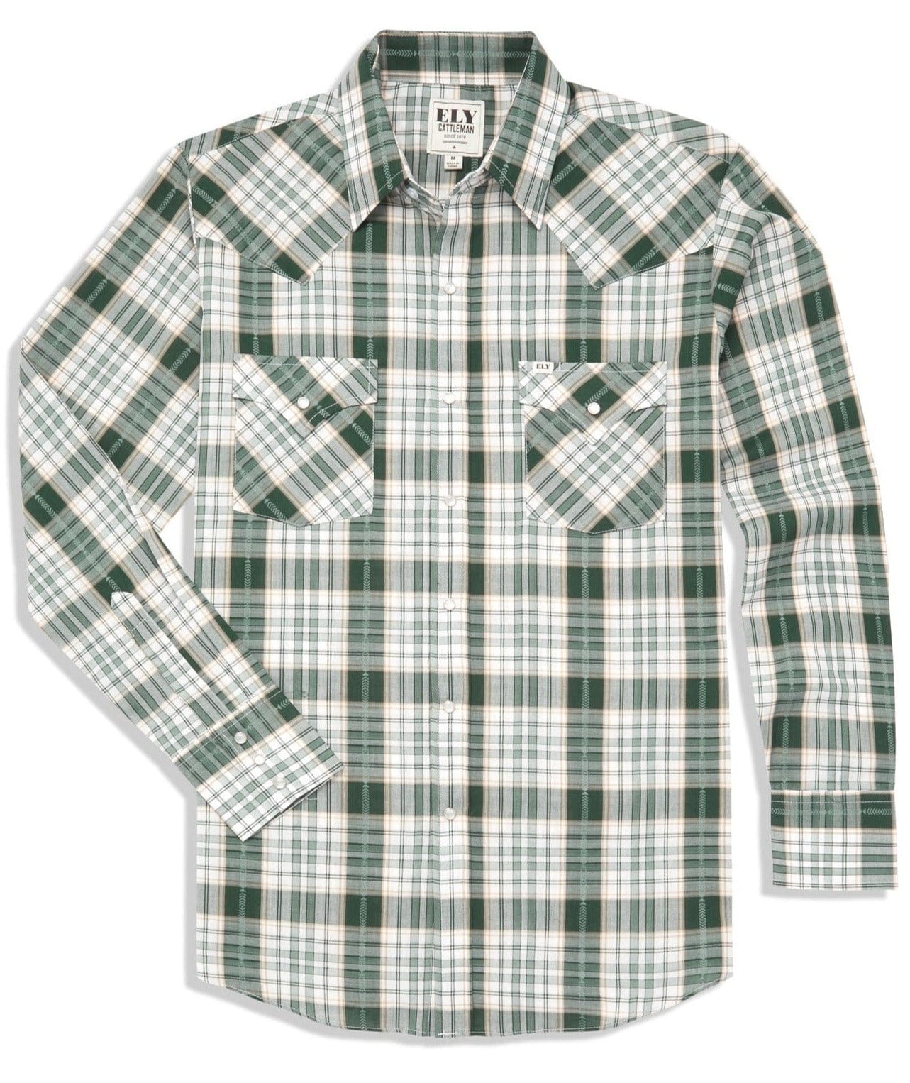 Men's Ely Cattleman Long Sleeve Textured Aztec Plaid Western Snap Shirt-Black & Hunter Green - Ely Cattleman