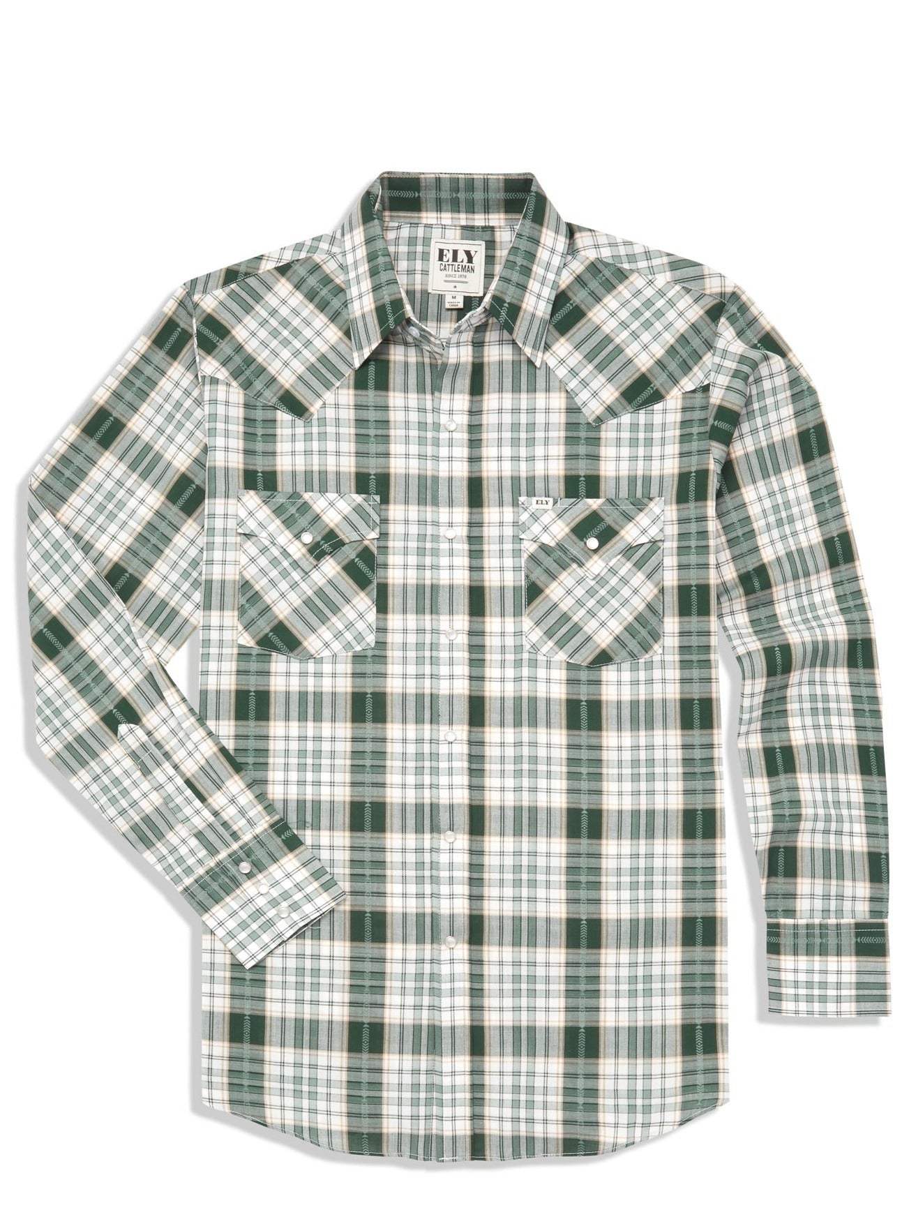 Men's Ely Cattleman Long Sleeve Textured Aztec Plaid Western Snap Shirt-Black & Hunter Green - Ely Cattleman - Flyclothing LLC