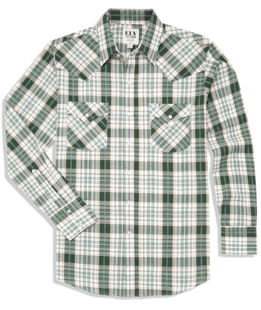 Men's Ely Cattleman Long Sleeve Textured Aztec Plaid Western Snap Shirt-Black & Hunter Green