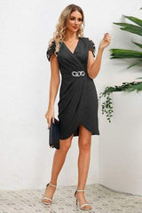 Ruched Surplice Cap Sleeve Mini Dress - Trendsi - Flyclothing LLC