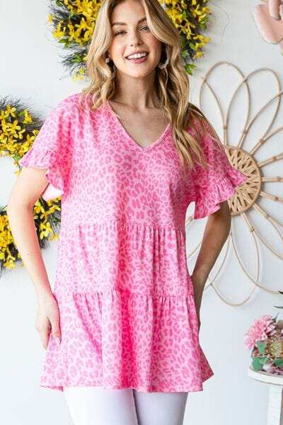 Heimish Full Size Leopard Ruffle Trim Short Sleeve Top - Trendsi - Flyclothing LLC