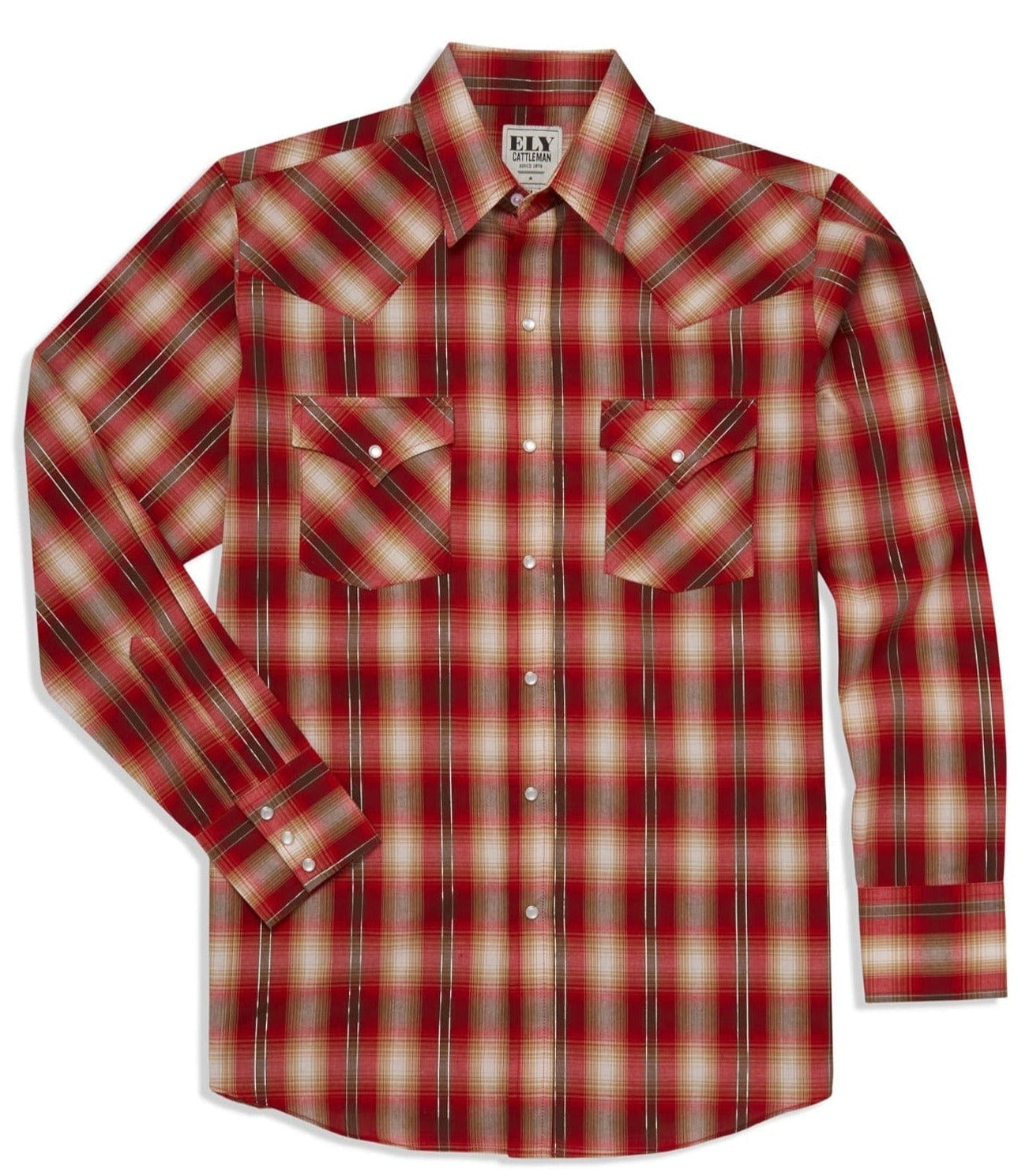 Men's Ely Cattleman Long Sleeve Lurex Plaid Western Snap Shirt- Red & Turquoise