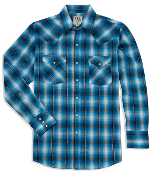 Men's Ely Cattleman Long Sleeve Lurex Plaid Western Snap Shirt- Red & Turquoise