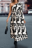 Printed One-Shoulder Tie Waist Dress - Trendsi