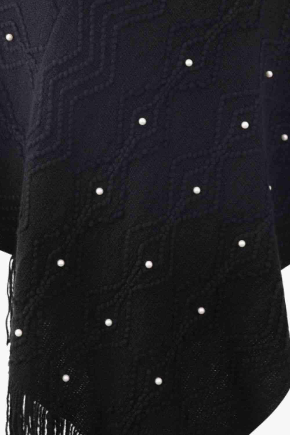 Pearl Trim V-Neck Fringe Hem Poncho - Trendsi - Flyclothing LLC