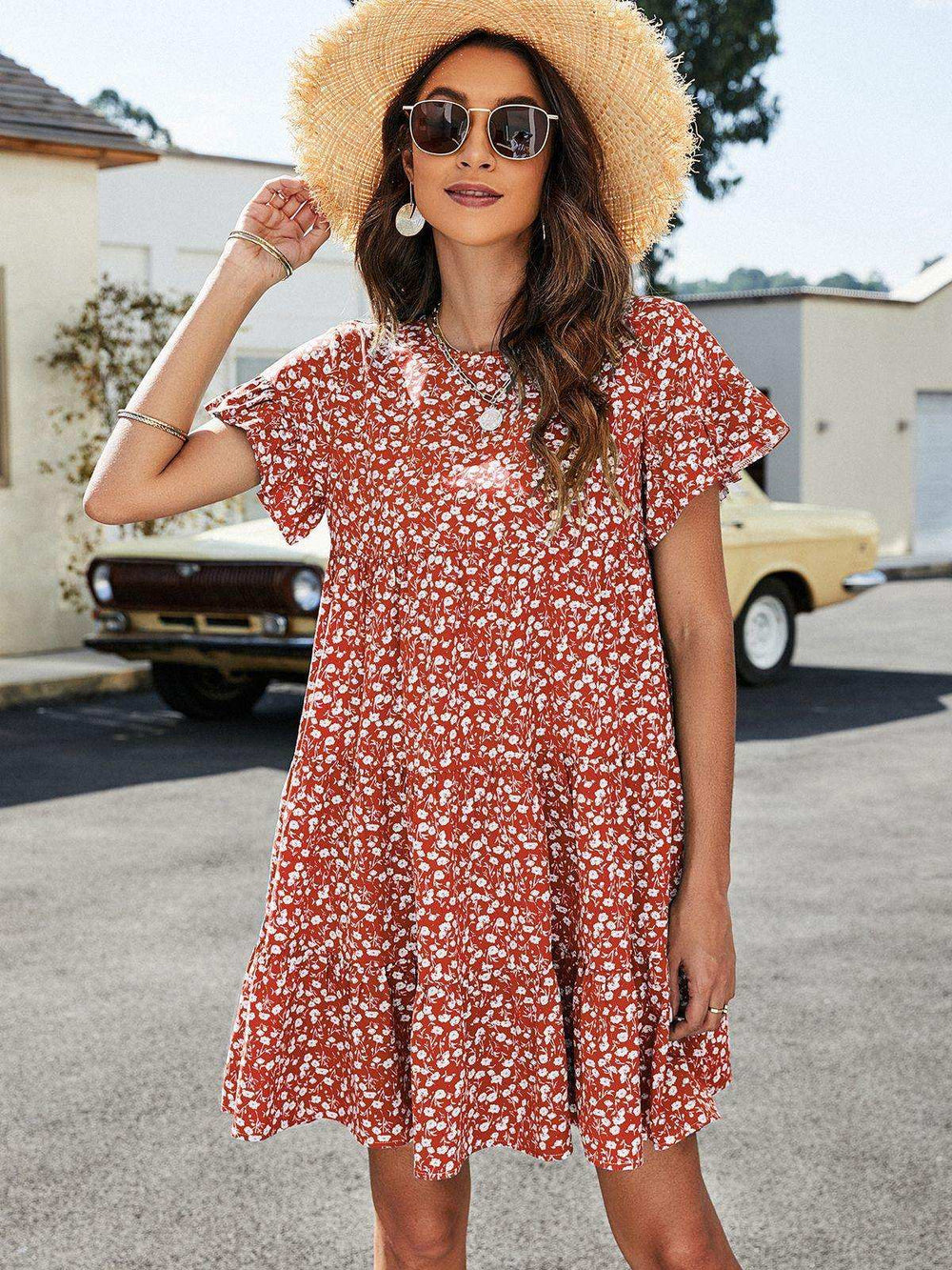 Leopard Short Flounce Sleeve Tiered Dress - Trendsi - Flyclothing LLC