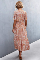 Printed V-Neck Flutter Sleeve Belted Dress - Trendsi - Flyclothing LLC