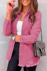 Distressed Raw Hem Snap Down Denim Jacket - Trendsi - Flyclothing LLC