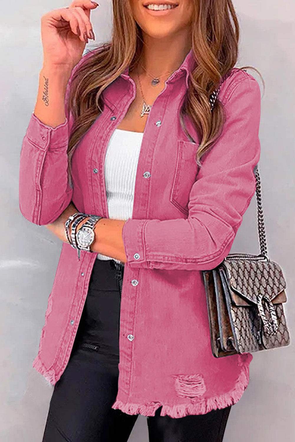 Distressed Raw Hem Snap Down Denim Jacket - Trendsi - Flyclothing LLC