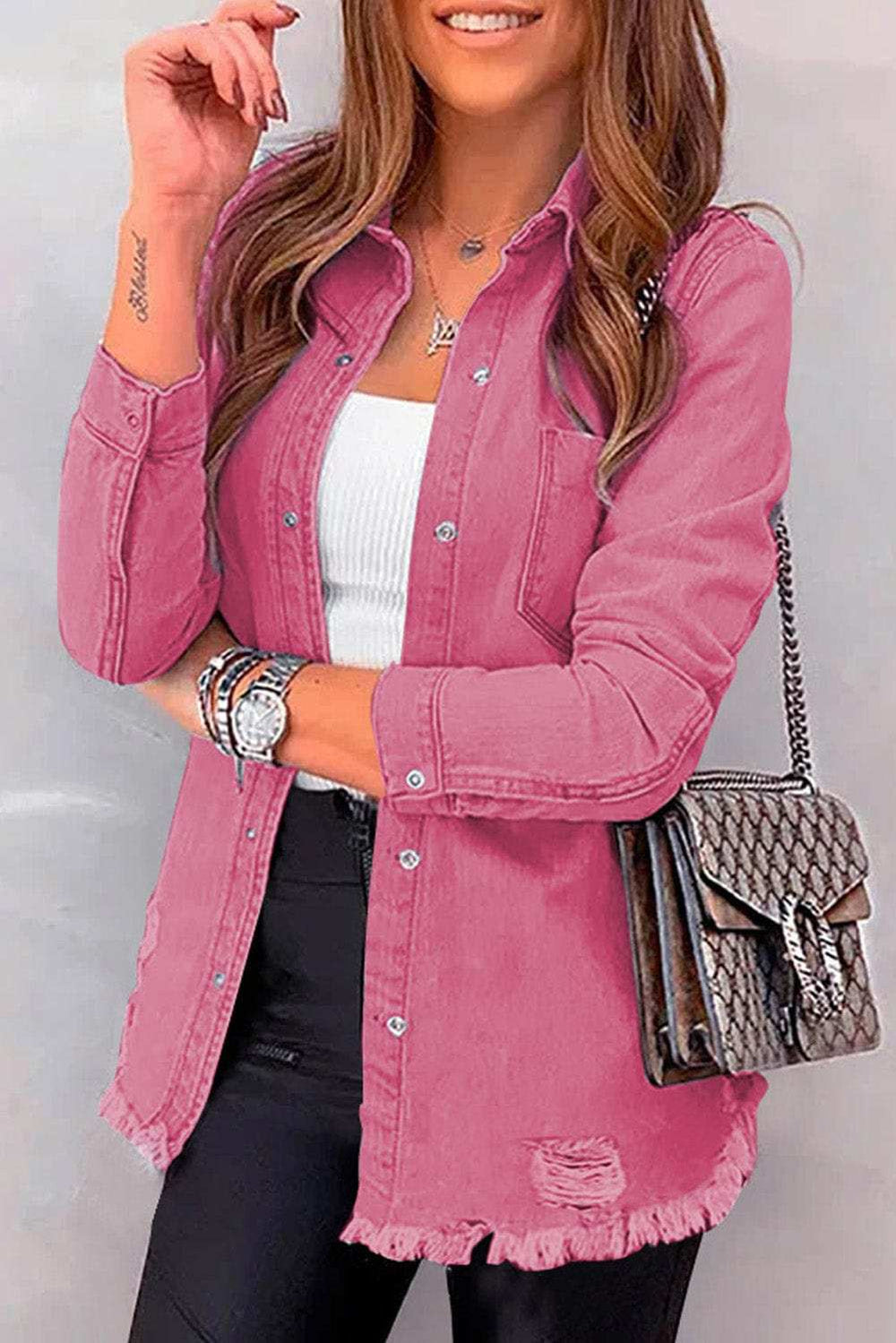 Distressed Raw Hem Snap Down Denim Jacket - Trendsi - Flyclothing LLC