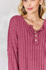 Basic Bae Full Size Ribbed Half Button Long Sleeve T-Shirt - Trendsi - Flyclothing LLC