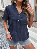 Buttoned Notched Neck Cuffed Sleeve Blouse - Trendsi