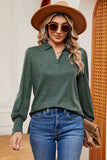 Decorative Button Johnny Collar Lantern Sleeve Blouse - Trendsi - Flyclothing LLC