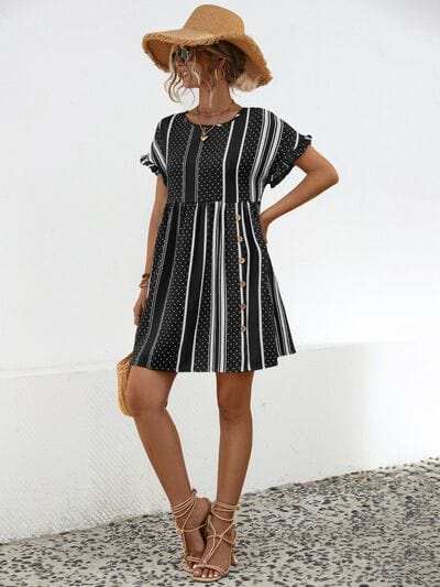 Striped Polka Dot Frill Short Sleeve Mini Dress - Trendsi - Flyclothing LLC