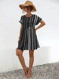 Striped Polka Dot Frill Short Sleeve Mini Dress - Trendsi - Flyclothing LLC