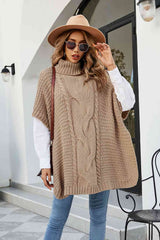 Cable-Knit Turtleneck Slit Sweater - Trendsi - Flyclothing LLC