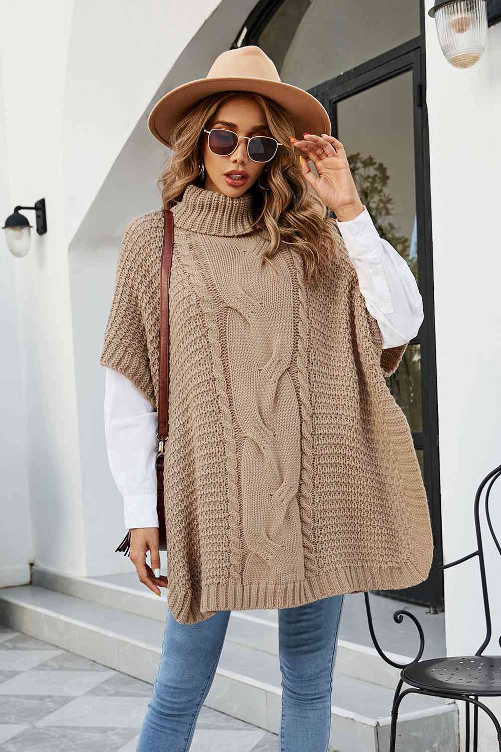 Cable-Knit Turtleneck Slit Sweater - Trendsi - Flyclothing LLC