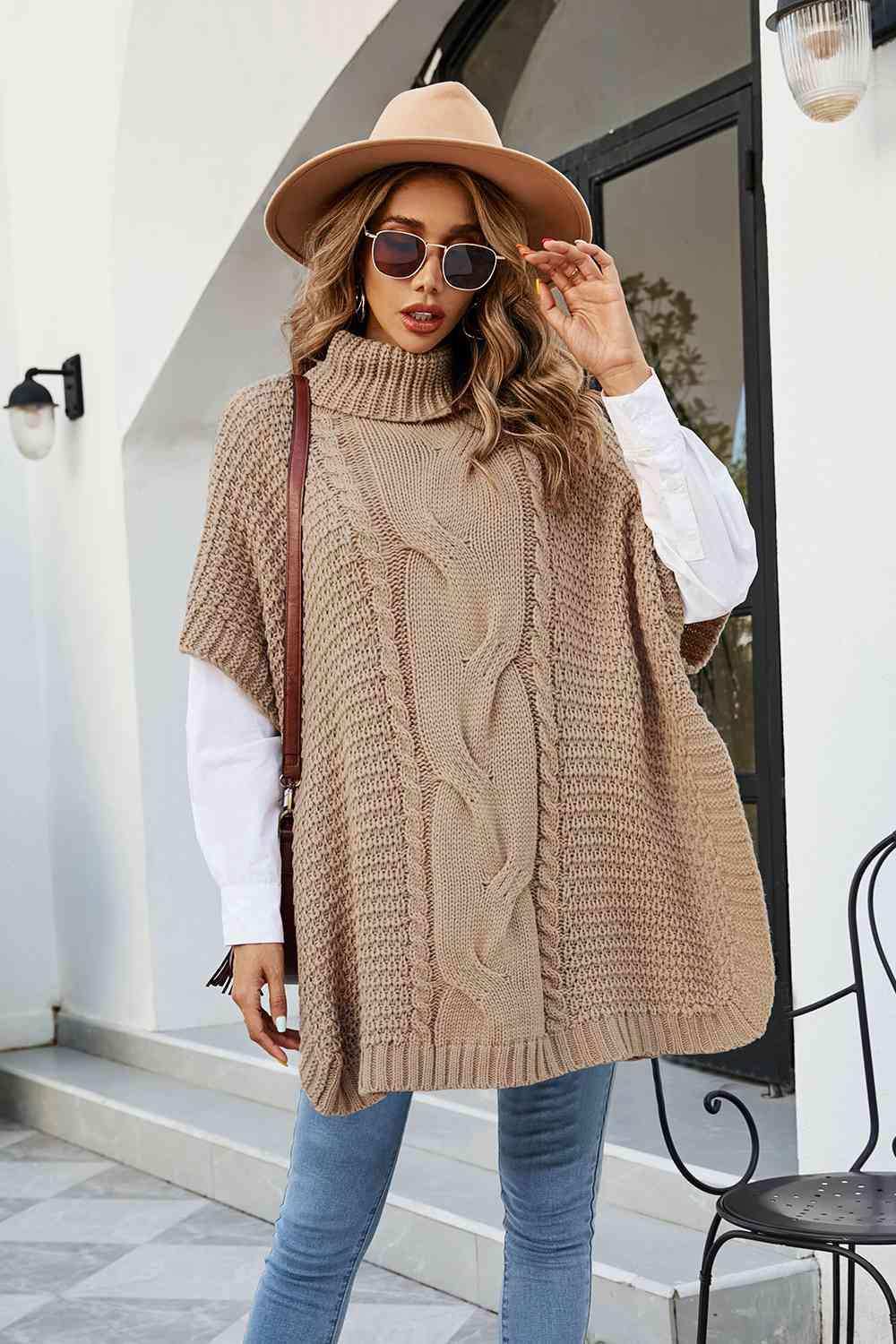 Cable-Knit Turtleneck Slit Sweater - Trendsi - Flyclothing LLC