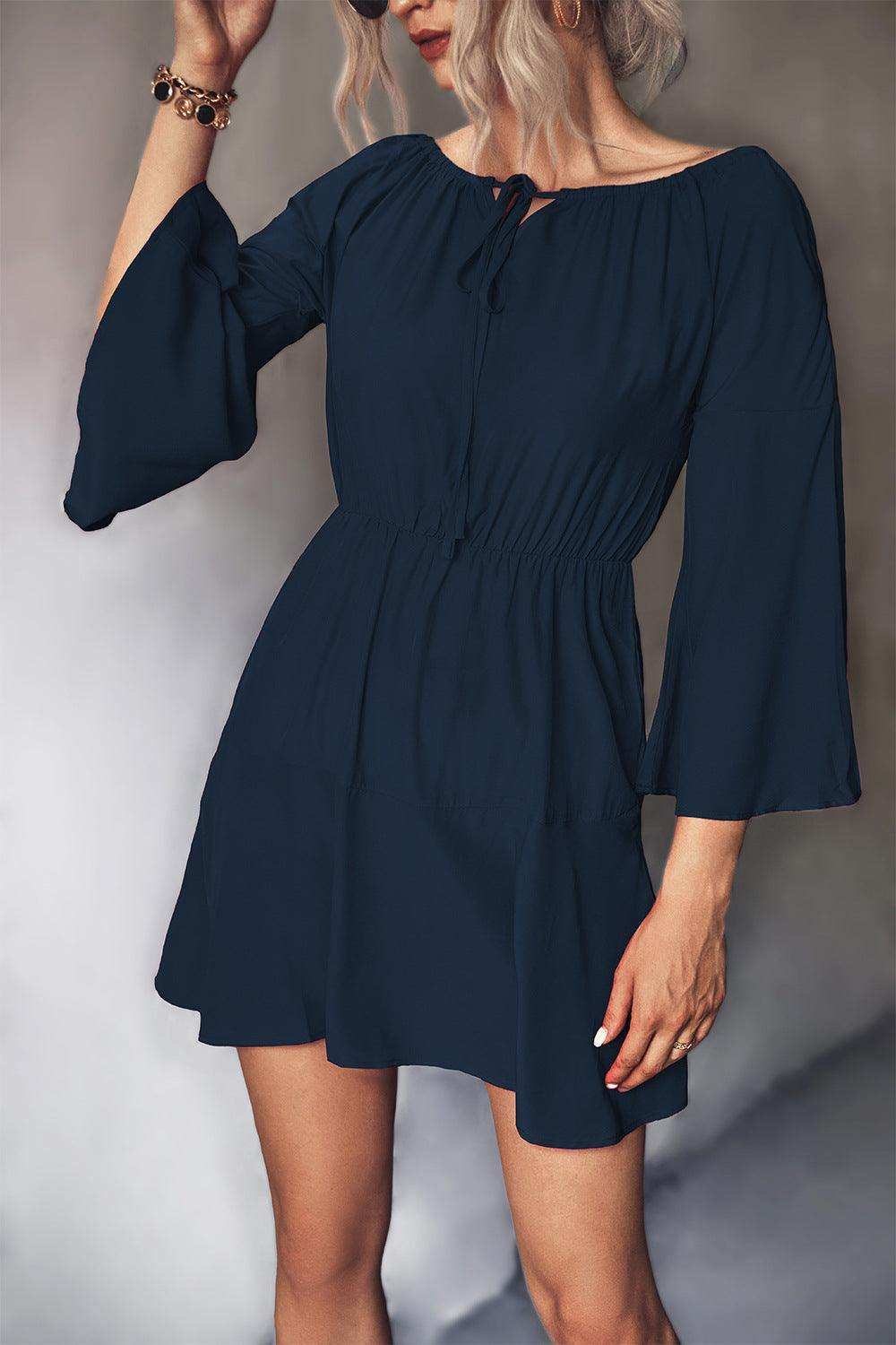 Tie Neck Flare Sleeve Mini Dress - Trendsi - Flyclothing LLC