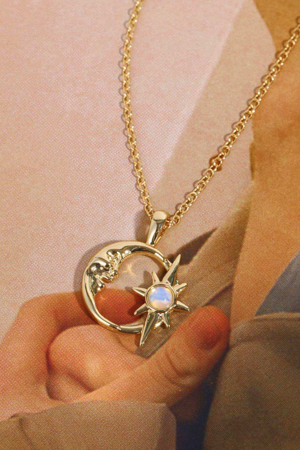 Copper 14K Gold Pleated Moon & Star Shape Pendant Necklace - Trendsi - Flyclothing LLC