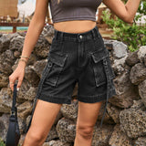High Waist Denim Cargo Shorts - Trendsi - Flyclothing LLC