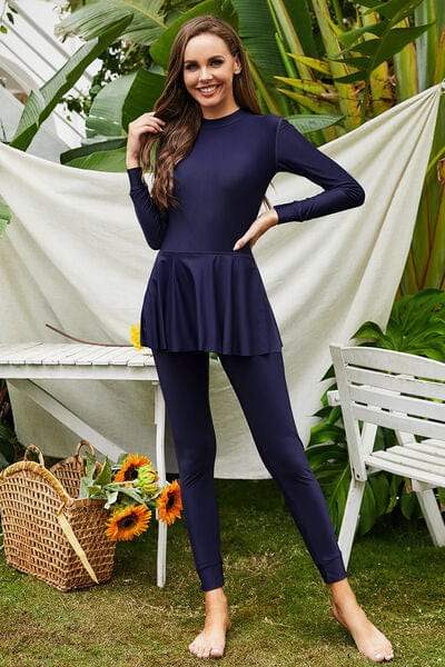 Mock Neck Long Sleeve One-Piece Swimwear - Trendsi - Flyclothing LLC