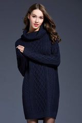Full Size Mixed Knit Cowl Neck Dropped Shoulder Sweater Dress - Trendsi