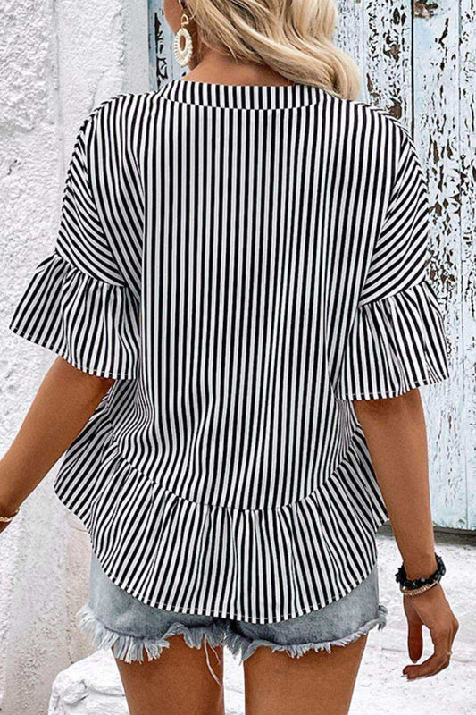 Striped Asymmetrical Flounce Sleeve Blouse - Trendsi - Flyclothing LLC