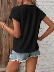 Eyelet V-Neck Short Sleeve T-Shirt - Trendsi