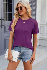 Openwork Round Neck Short Sleeve T-Shirt - Trendsi - Flyclothing LLC