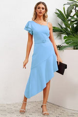 Ruffled Asymmetrical Neck Flutter Sleeve Dress - Trendsi