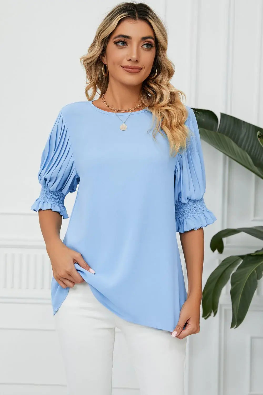 Pleated Flounce Sleeve Keyhole Blouse - Trendsi - Flyclothing LLC