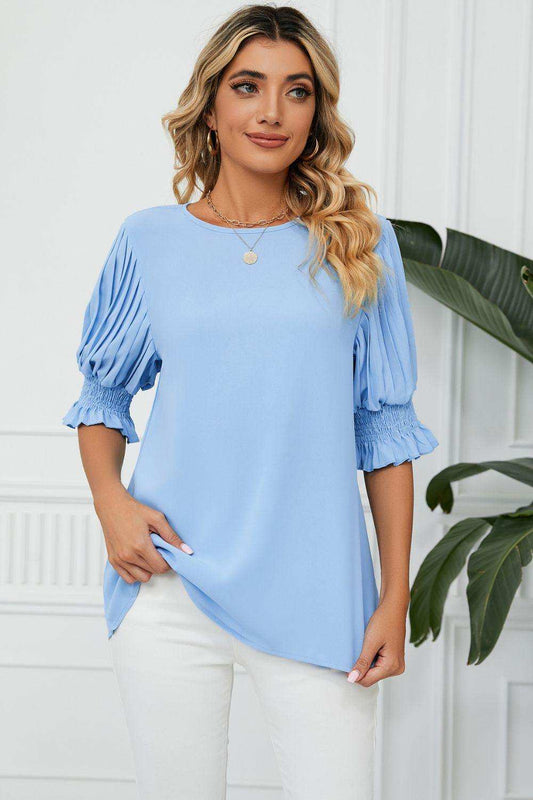 Pleated Flounce Sleeve Keyhole Blouse - Trendsi - Flyclothing LLC